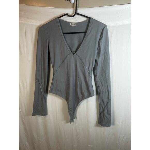 Intimately Free People New Victoria Ribbed Thong Body Suit Long Sleeve Plunge - Picture 2 of 10